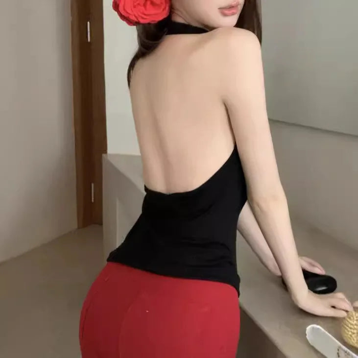 Girls Knit Sleeveless Halter Tops for Women Basics Solid Slim Fitted Womens Sports Vest Backless