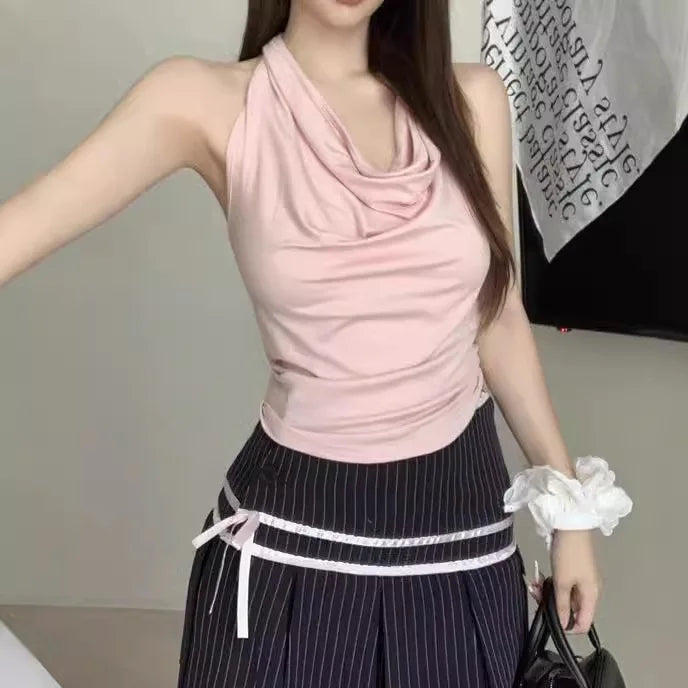 Girls Knit Sleeveless Halter Tops for Women Basics Solid Slim Fitted Womens Sports Vest Backless