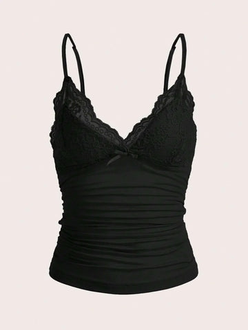 Sexy Contrast Lace Bow Front Crop Cami Top Women Summer Grunge Punk Y2K Clothes Ruched Skinny