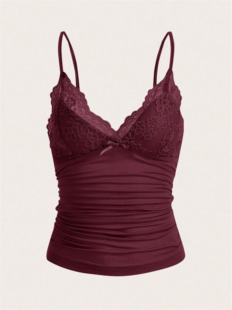 Sexy Contrast Lace Bow Front Crop Cami Top Women Summer Grunge Punk Y2K Clothes Ruched Skinny